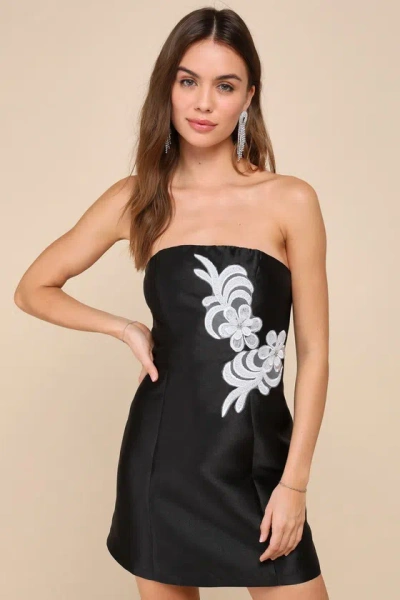 Lulus Tasteful Presence Black Taffeta Floral Embroidered Mini Dress