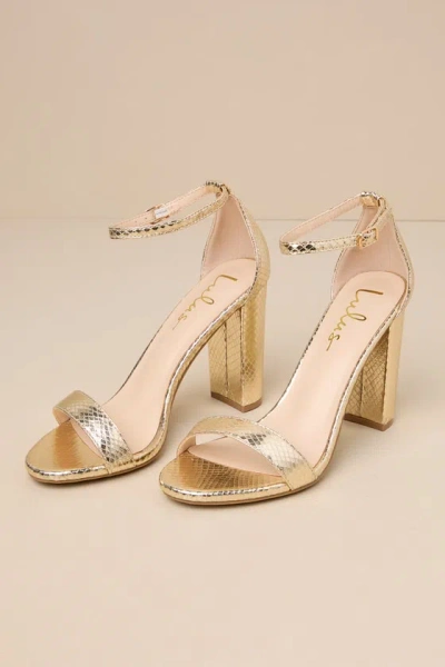 Lulus Taylor Light Gold Snake-embossed Ankle Strap Heels