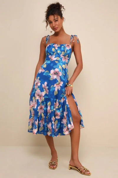 Lulus Tea Party Chic Blue Floral Print Tie-strap Tiered Midi Dress