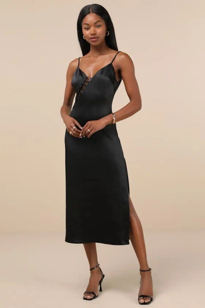 Lulus Tempting Silhouette Black Satin Lace-up Midi Dress