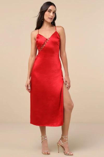 Lulus Tempting Silhouette Red Satin Lace-up Midi Dress