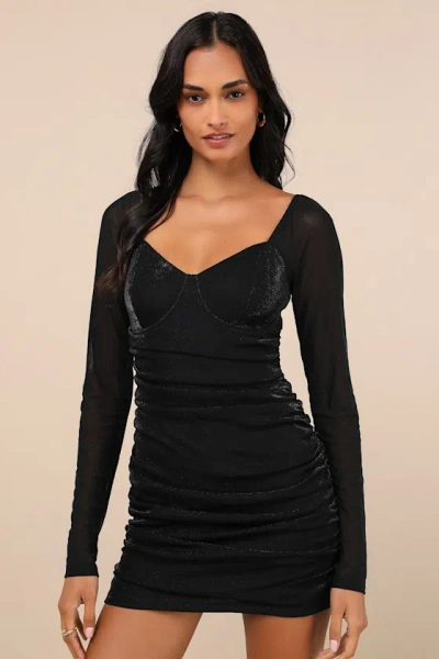 Lulus Tempting Sparkle Shiny Black Mesh Ruched Long Sleeve Mini Dress