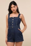 Lulus Thema Dark Wash Denim Button-front Romper