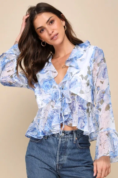 Lulus Thriving Cutie Blue Floral Chiffon Long Sleeve Tie-front Top