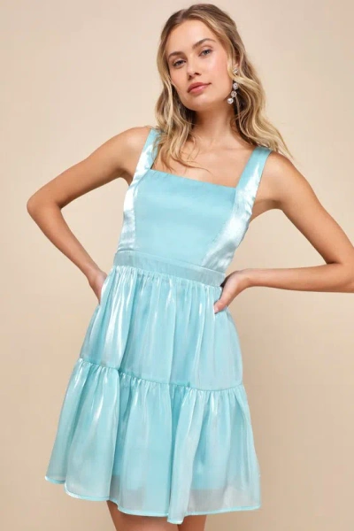 Lulus Thriving Darling Shiny Teal Blue Sleeveless Tiered Mini Dress