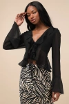 Lulus Thriving Flirt Black Chiffon Ruffled Long Sleeve Tie-front Top In Black