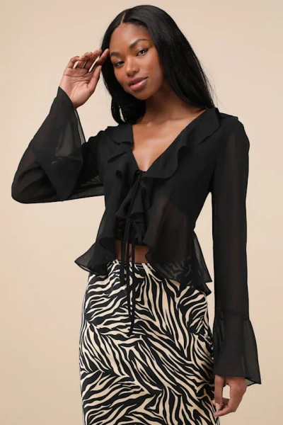 Lulus Thriving Flirt Black Chiffon Ruffled Long Sleeve Tie-front Top