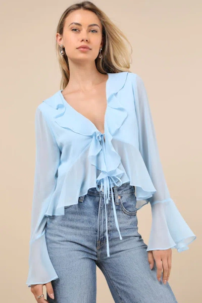 Lulus Thriving Flirt Blue Chiffon Ruffled Long Sleeve Tie-front Top