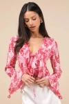 Lulus Thriving Flirt Pink Leaf Print Ruffled Long Sleeve Tie-front Top In Pink