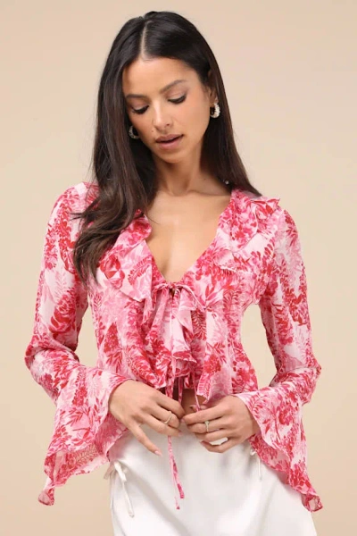 Lulus Thriving Flirt Pink Leaf Print Ruffled Long Sleeve Tie-front Top
