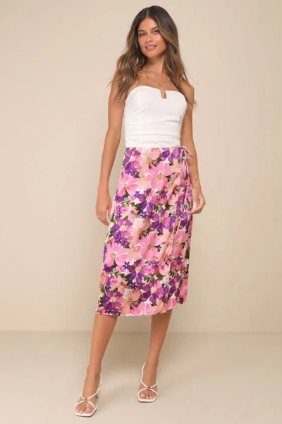 Lulus Thriving Spirit Pink Multi Floral Satin Side-tie Midi Skirt