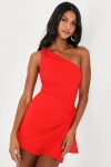 Lulus Tie And Low Red One-shoulder Knotted Skort Romper In Red