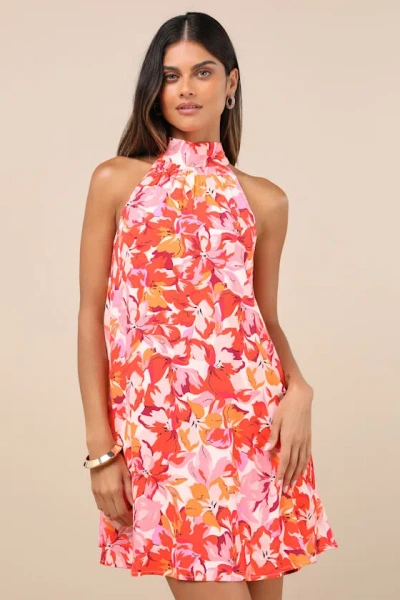 Lulus Tied Back To You Red And Pink Floral Print Mini Shift Dress