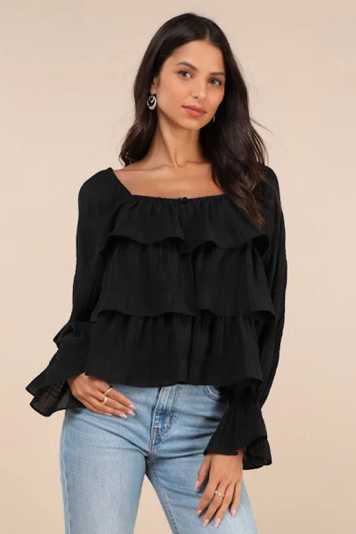 Lulus Tier Decadence Black Tiered Ruffled Long Sleeve Button-up Top