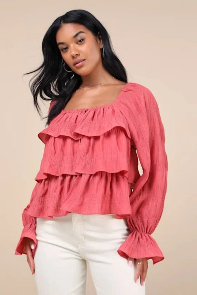 Lulus Tier Decadence Pink Tiered Ruffled Long Sleeve Button-up Top