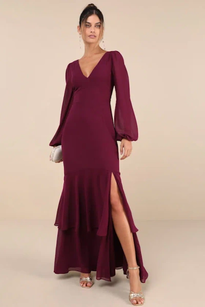 Lulus Tier Elegance Plum Purple Long Sleeve Tiered Maxi Dress
