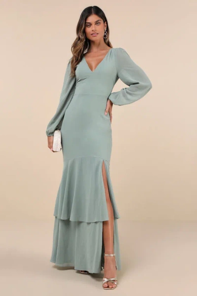 Lulus Tier Elegance Sage Brush Long Sleeve Tiered Maxi Dress In Green