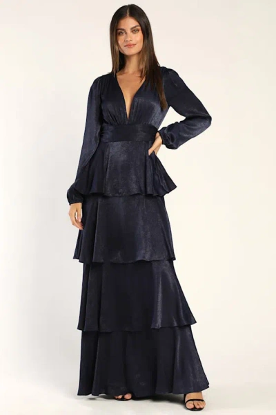 Lulus Tier For Love Navy Blue Satin Long Sleeve Tiered Maxi Dress
