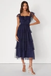 Lulus Tier I Come Navy Blue Tulle Square Neck Tiered Midi Dress In Navy Blue