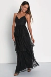 Lulus Tier I Go Black Lace V-neck Sleeveless Tiered Maxi Dress In Black