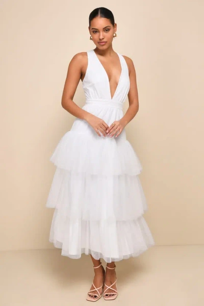 Lulus Tier-ly Divine White Tulle V-neck Tiered Maxi Dress