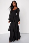 Lulus Tier To Enchant Black Long Sleeve Tiered Maxi Dress In Black