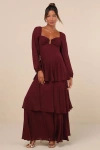 Lulus Tier To Enchant Burgundy Long Sleeve Tiered Maxi Dress In Burgundy