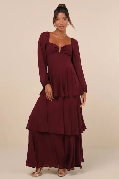 Lulus Tier To Enchant Burgundy Long Sleeve Tiered Maxi Dress
