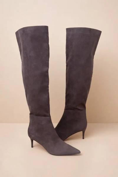 Lulus Tierny Charcoal Suede Pointed-toe Over-the-knee Boots In Grey