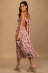 Lulus Ties With You Rose Pink Floral Print Tie-back Midi Dress In Pink