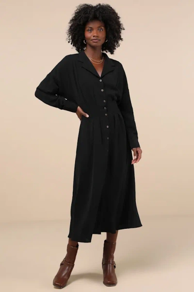 Lulus Timeless Class Black Collared Button-up Pleated Midi Dress