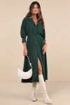 Lulus Timeless Class Dark Green Collared Button-up Pleated Midi Dress In Dark Green