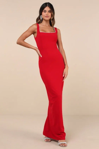 Lulus Timeless Poise Red Rhinestone Square Neck Backless Maxi Dress