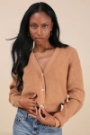 Lulus Toasty Babe Tan Knit Button-up Cropped Cardigan In Tan