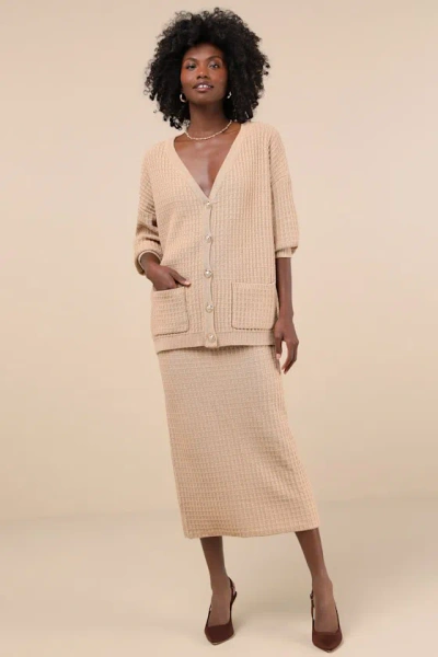 Lulus Toasty Sophistication Tan Two-piece Cardi Sweater Midi Dress