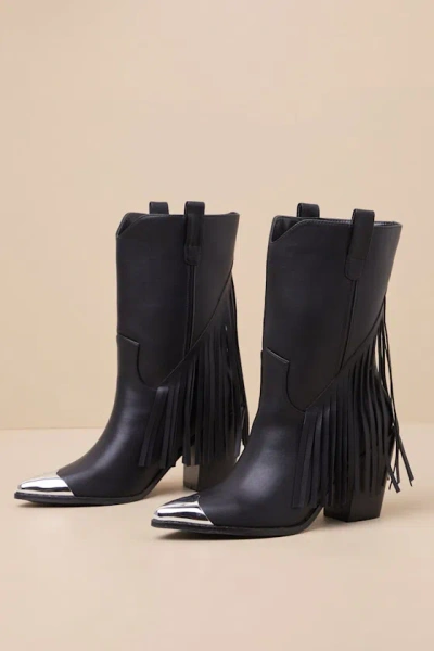 Lulus Toleson Black Fringe Pointed-toe Mid-calf Western Boots