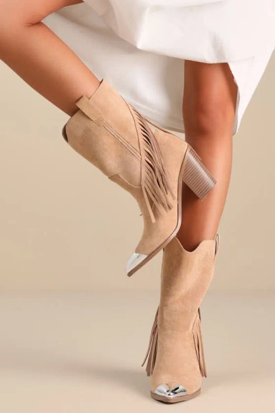 Lulus Toleson Taupe Suede Fringe Pointed-toe Mid-calf Western Boots