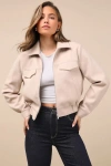 Lulus Top-notch Comfort Beige Collared Bomber Jacket In Beige