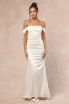 Lulus Torri White Satin Off-the-shoulder Maxi Dress In White