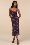 Lulus Total Crush Purple Floral Print Mesh Lace-up Midi Dress In Purple