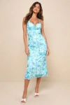Lulus Total Crush Teal Floral Print Mesh Lace-up Midi Dress In Teal
