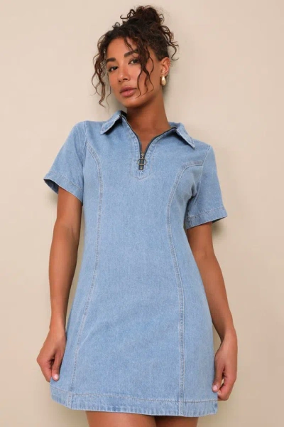 Lulus Totally Cool Light Wash Denim Zip-front Short Sleeve Mini Dress In Blue