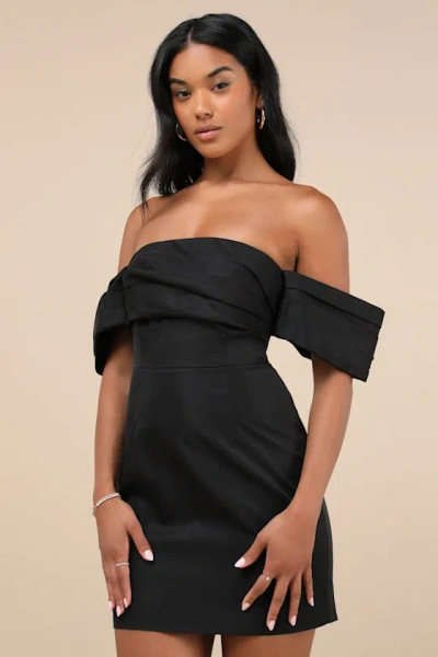 Lulus Totally Haute Black Satin Pleated Off-the-shoulder Mini Dress
