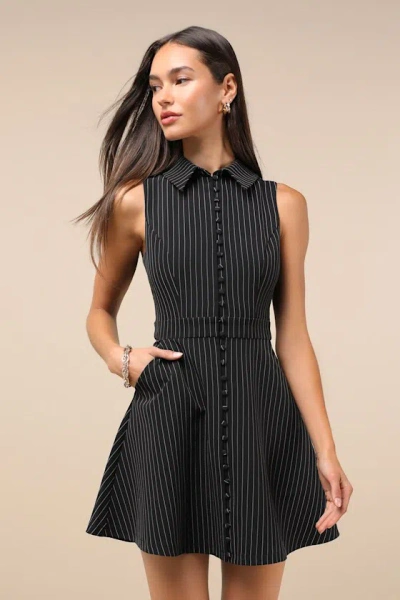 Lulus Totally Poised Black Pinstriped Collared Mini Dress With Pockets