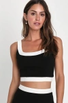 Lulus Totally Sensational Black Color Block Sleeveless Crop Tank Top In Black