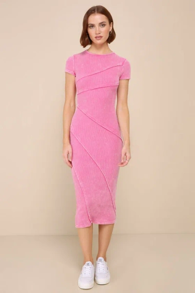 Lulus Totally The Sweetest Washed Pink Ribbed Seamed Midi Dress