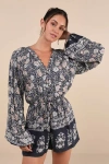 Lulus Traveled Aura Charcoal Grey Boho Button-front Long Sleeve Romper In Charcoal Grey