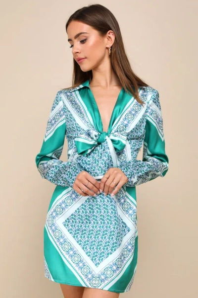 Lulus Traveling Spirit Green Satin Scarf Print Tie-front Mini Dress