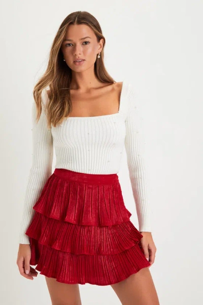 Lulus Treasured Sweetie Red Satin Plisse Tiered Mini Skirt
