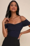LULUS TREASURED VIBE NAVY BLUE MESH COLD-SHOULDER COWL TOP